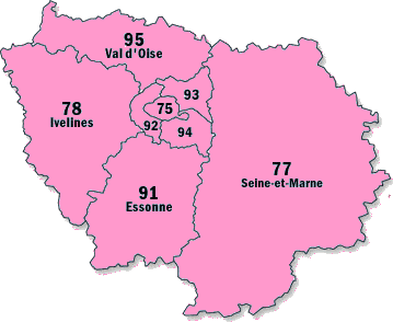 Carte ile de France avec les départements en rose